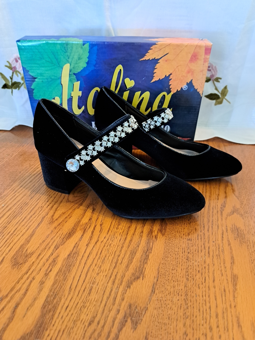 Italina Black Velvet Mary Jane Heels with Crystal Strap